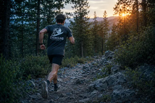 Runner on a wooded trail wearing EverClimb training apparel
